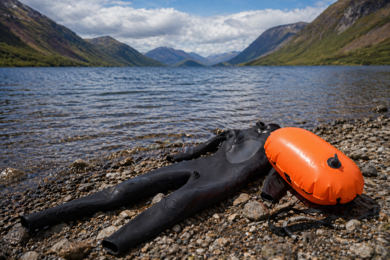 Open water swimming kit hire in Stirlingshire Open water swimming wetsuit and tow float on the shore of a Scottish loch in Stirlingshire