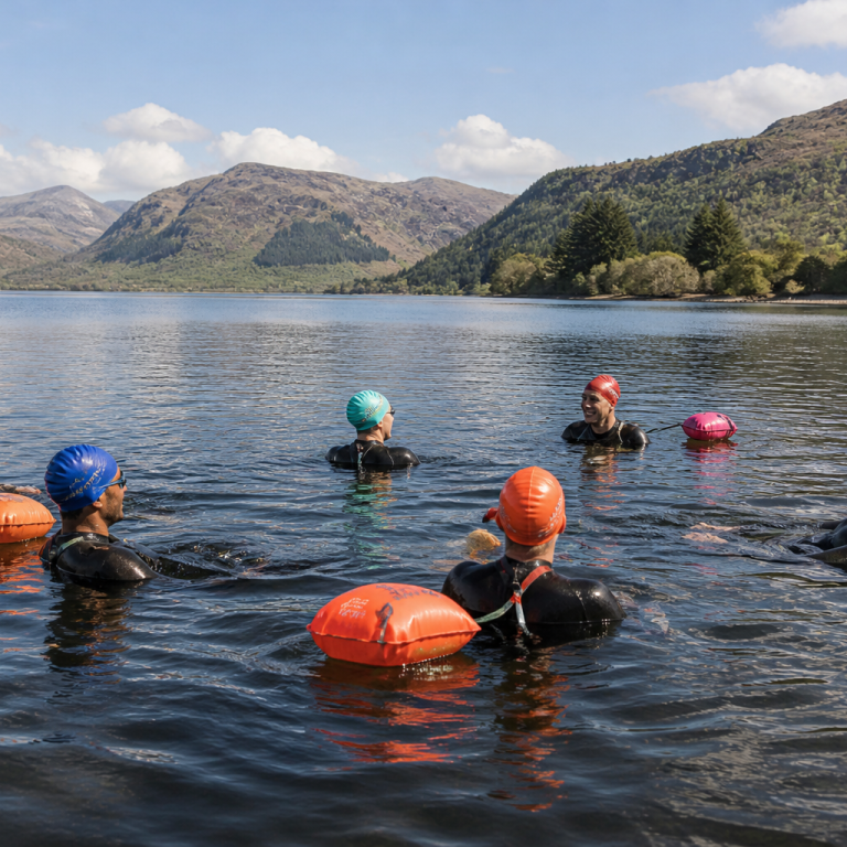 Wild swim sessions in Stirlingshire Open water swimmers taking part in a relaxed wild swim session on a Scottish loch in Stirlingshire